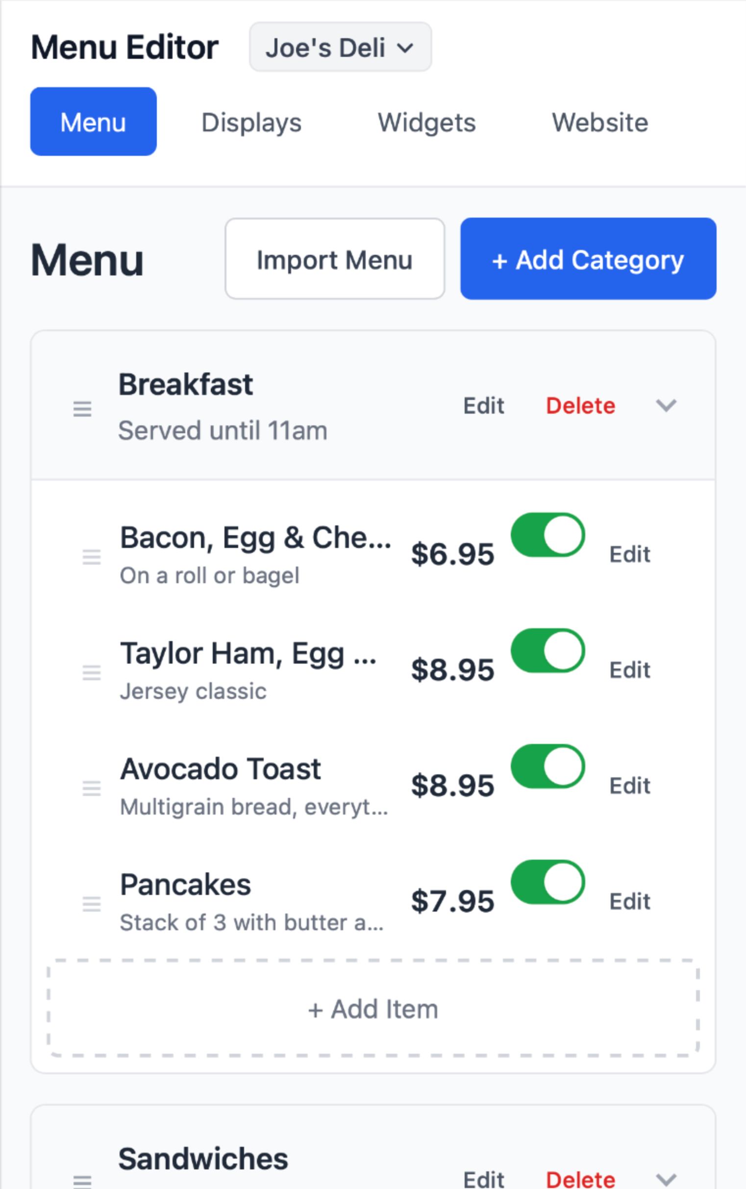 The Board menu editor on mobile
